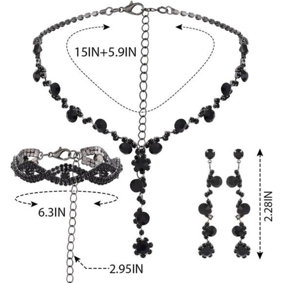 Black Rhinestone Necklace Jewelry Set Wedding Prom Bridal Accessories Women - Picture 4 of 7